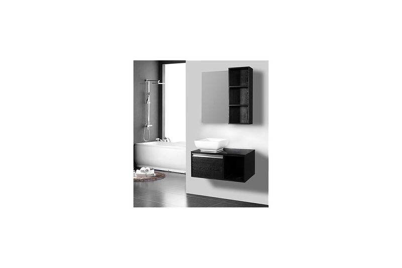 Mueble para baño 80x48 con espejo 80x50 Sinsa negro, ambientado en baño con lavamanos blanco y tina al fondo