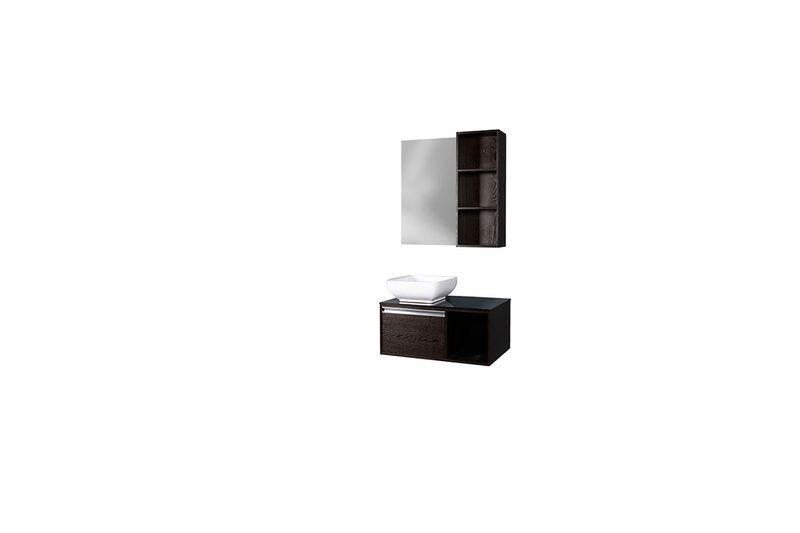 Mueble para baño 80x48 con espejo 80x50 negro SINSA, vista frontal del mueble con lavamanos blanco y espejo lateral