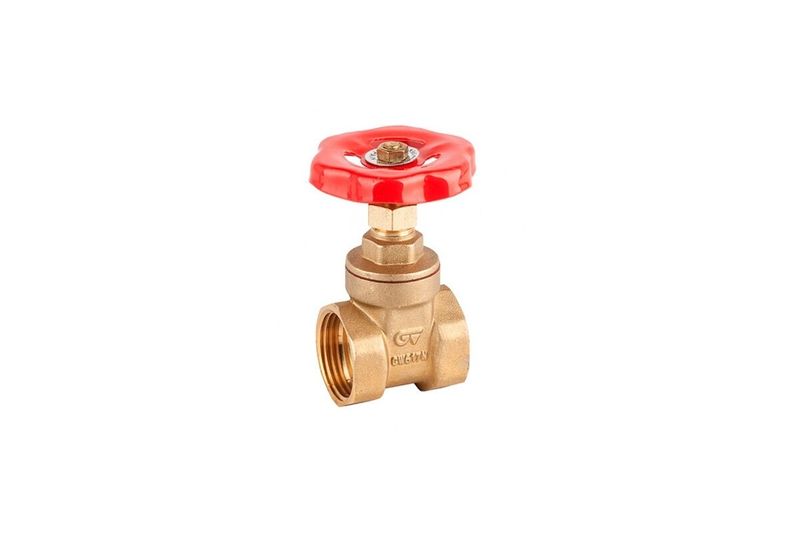 Válvula gaveta Genebre de 1-1/4 pulgadas en bronce, cuerpo metálico con volante de apertura color rojo