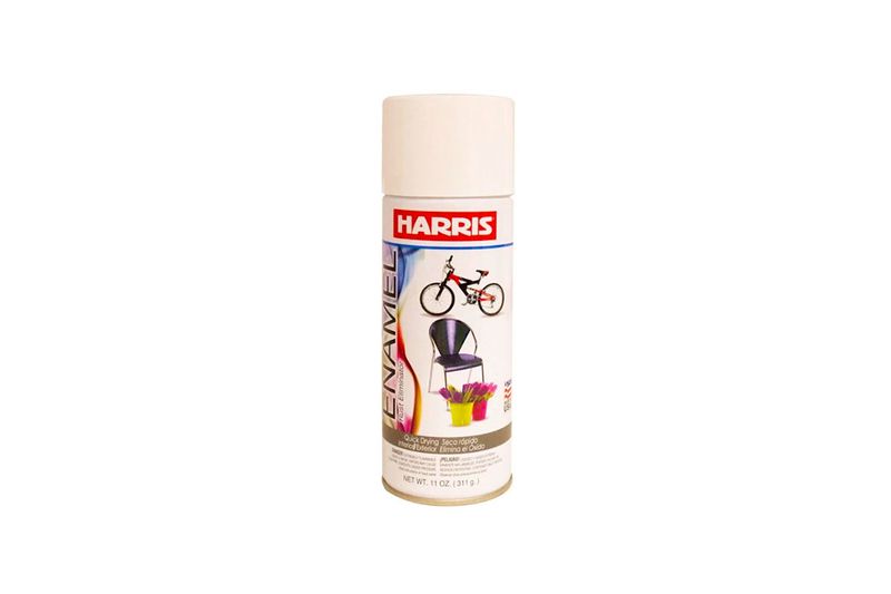 Spray Modelo de 11 onzas mate blanco brillante intermedia, lata blanca con etiqueta que muestra ejemplos de uso