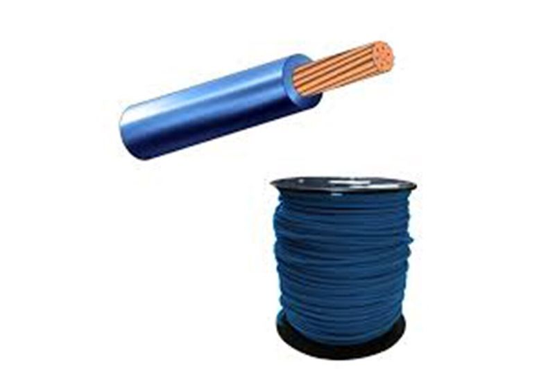 Cable THHN caja Phelps Dodge 14 azul, carrete completo y detalle del conductor de cobre interno