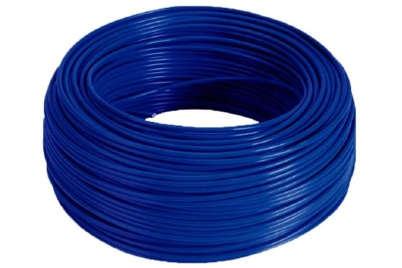 Cable THHN caja Phelps Dodge 14 azul, rollo compacto enrollado en círculo visto desde un ángulo superior