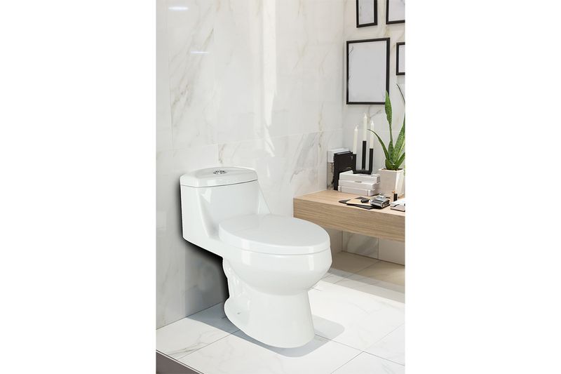 Sanitario blanco elongado de cierre suave 72 cm doble descargue Oakbrook, vista lateral completa instalado en baño