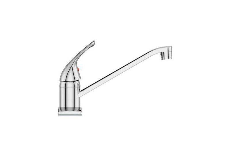 Llave para pantry 1 manija cuello bajo Pfister Series, vista lateral en acabado cromado con detalle rojo en la manija