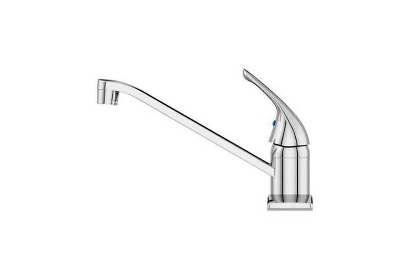 Llave para pantry 1 manija cuello bajo Pfister Series, vista lateral completa en acabado cromado brillante