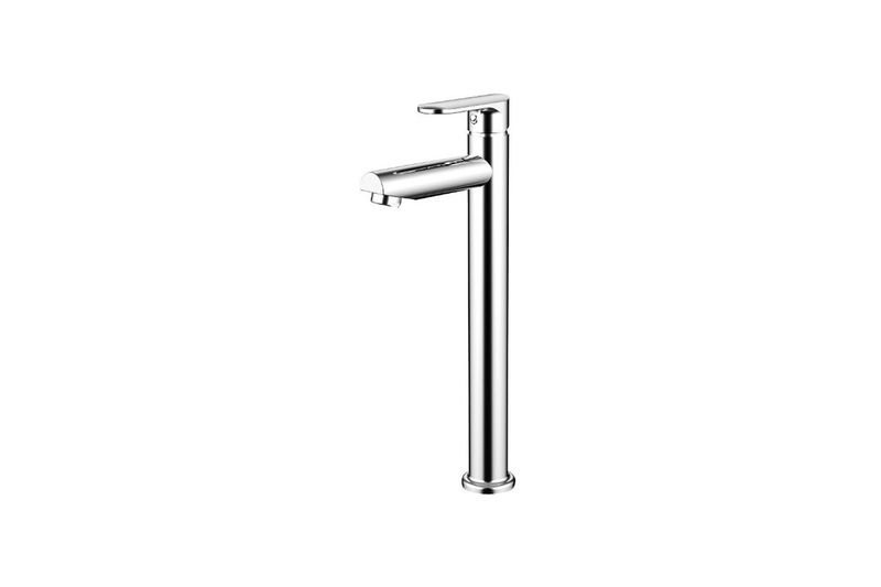 Llave para lavamanos monomando alta Maia Pfister, vista lateral del grifo en acabado cromo brillante