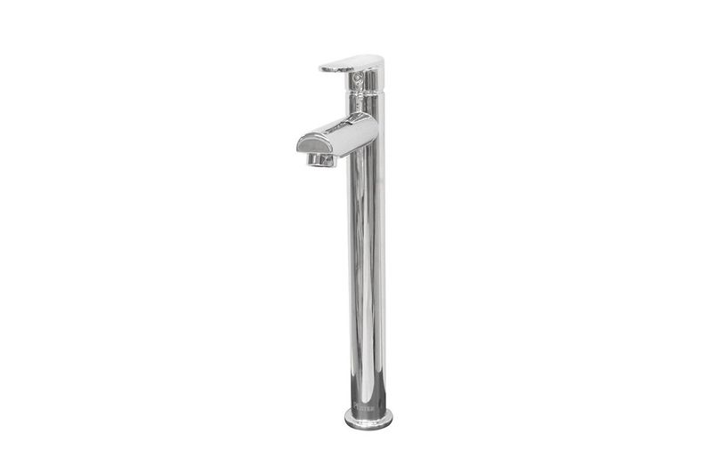 Llave para lavamano monomando alta Maia Pfister, vista lateral del grifo en acabado cromado brillante