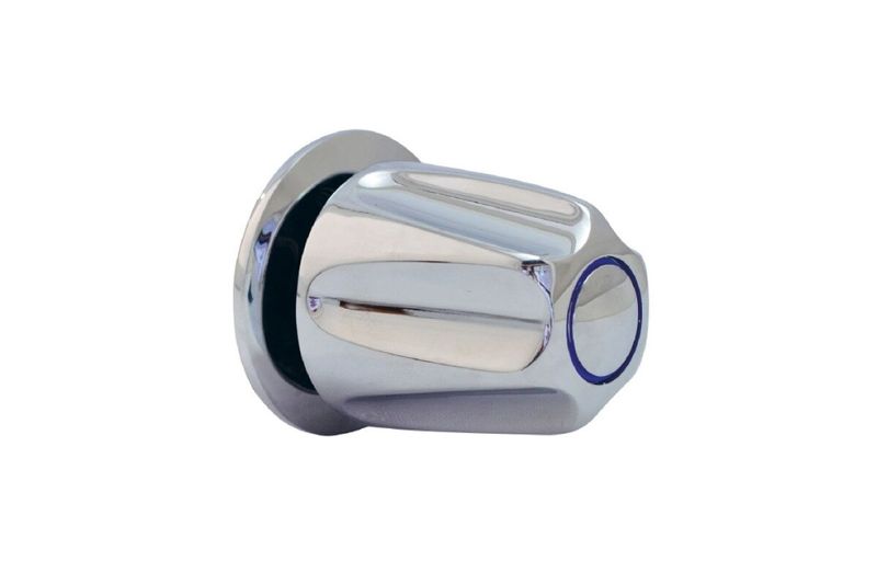 Llave de ducha sencilla campana Pfister, vista lateral de la pieza cromada con indicador circular azul en el extremo
