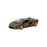 Carrito de colección metálico surt MTI, vista lateral de auto deportivo color verde oliva con rines naranjas