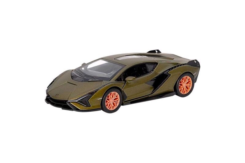 Carrito de colección metálico surt MTI, vista lateral de auto deportivo color verde oliva con rines naranjas