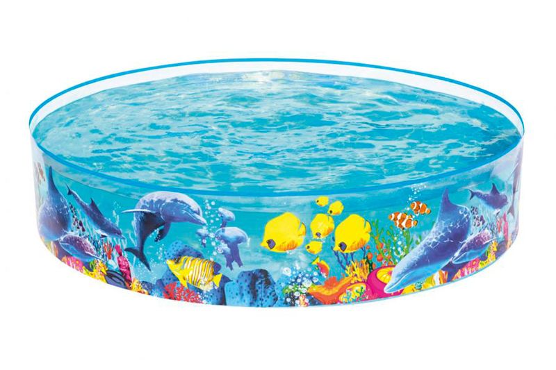Piscina para niños Odyssey Bestway de 1.83 m de diámetro y 38 cm de alto, llena de agua con diseño de delfines y peces