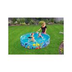 Piscina para niños Odyssey 1.83 m diámetro x 38 cm alto 2+ años Bestway, instalada en jardín con niños y una mujer