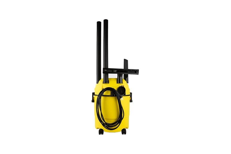 Aspiradora doméstica WD1 120V Kärcher 3.17 gal 1200W, vista lateral con cable enrollado y tubos negros verticales