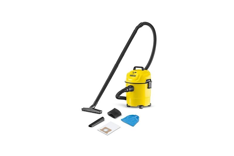 Aspiradora doméstica WD1 120V Kärcher 3.17 gal 1200W, equipo amarillo con manguera, boquillas y bolsa de tela azul