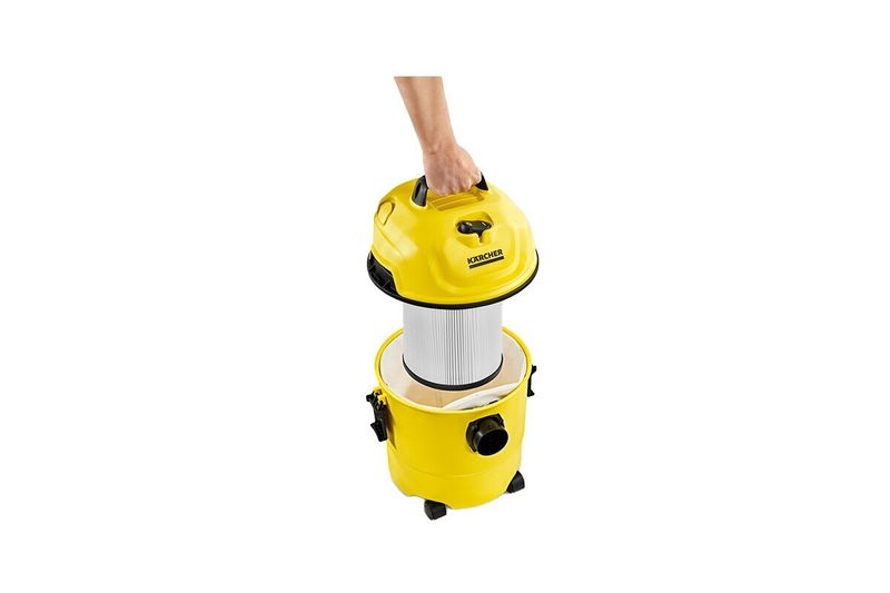 Aspiradora doméstica WD1 120 V Kärcher 3.17 gal 1200 W, equipo abierto mostrando el filtro blanco interno y el tanque