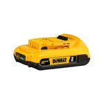 Batería DeWALT de 20 V y 2 Ah, vista lateral en color amarillo y negro con indicador de carga