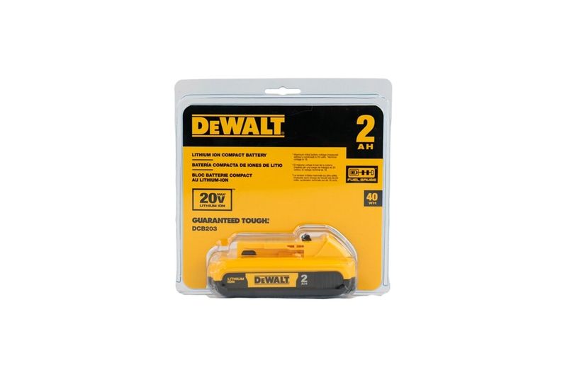 Batería DeWALT de 20 V y 2 Ah, vista frontal del producto amarillo dentro de su empaque plástico transparente