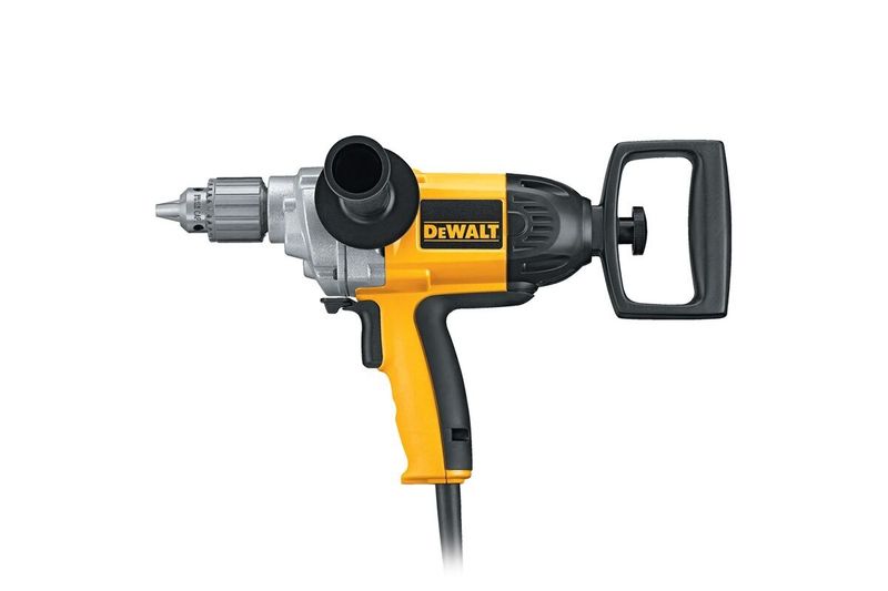 Taladro tipo espada 5/8 pulgadas 710 W 0-550 RPM 9 A 120 V DeWALT, vista lateral en color amarillo y negro con mango auxiliar
