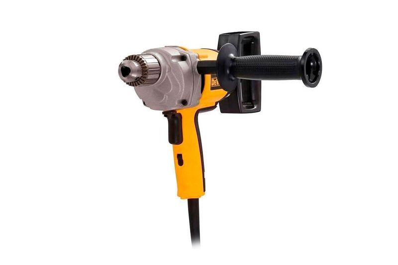 Taladro tipo espada 5/8 pulgadas 710 W 0-550 RPM 9 A 120 V DeWALT, vista lateral con mango auxiliar negro y cuerpo amarillo