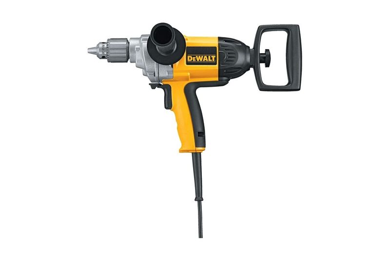 Taladro tipo espada 5/8 pulgadas 710 W 0-550 RPM 9 A 120 V DeWALT, perfil lateral completo en colores amarillo y negro