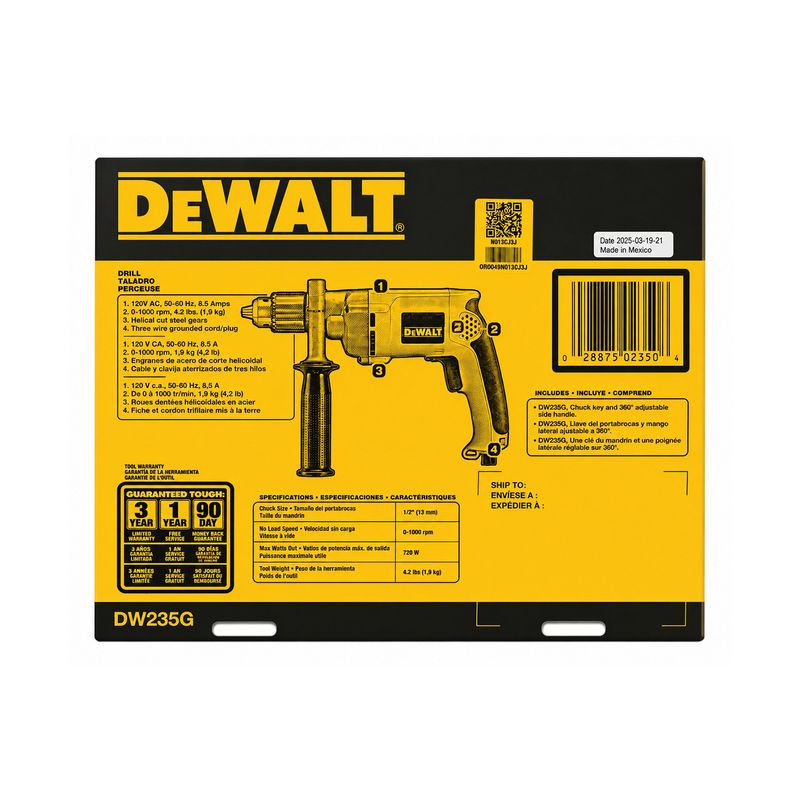 Taladro rotación eléctrico DeWALT de 1/2 pulgada y 900 W, vista posterior de la caja con especificaciones técnicas