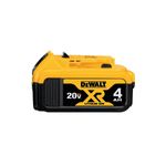 Batería DeWALT de 20V y 4Ah, vista frontal en colores amarillo y negro con indicador de carga