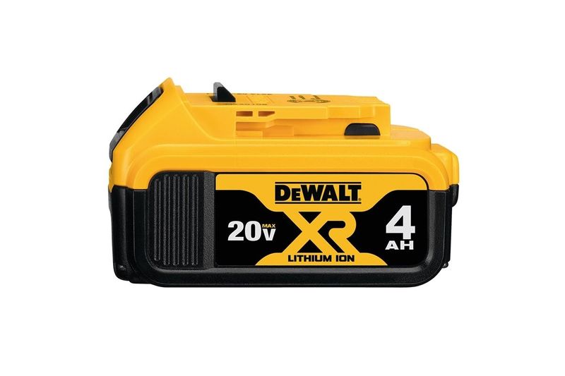 Batería DeWALT de 20V y 4Ah, vista frontal en colores amarillo y negro con indicador de carga