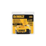 Batería DeWALT de 20V y 4Ah, vista frontal del producto dentro de su empaque original blanco y amarillo
