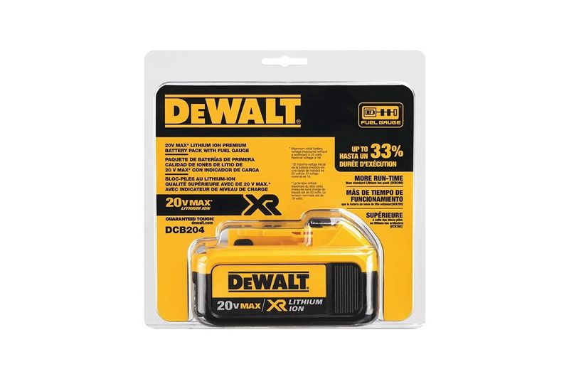 Batería DeWALT de 20V y 4Ah, vista frontal del producto dentro de su empaque original blanco y amarillo