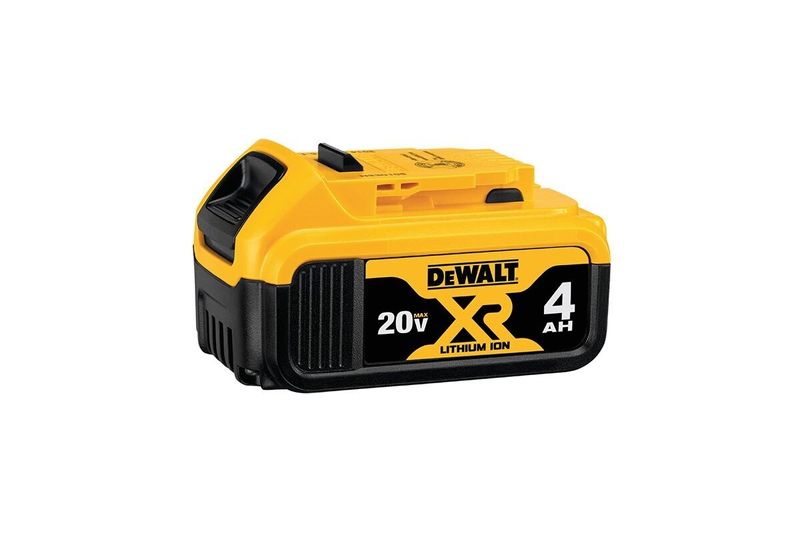Batería DeWALT de 20 V y 4 Ah, vista lateral del cuerpo amarillo y negro con indicadores de carga