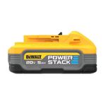 Batería DeWALT de 20 V, 5.0 Ah Powerstack, vista frontal en color amarillo y gris con logotipo de la marca