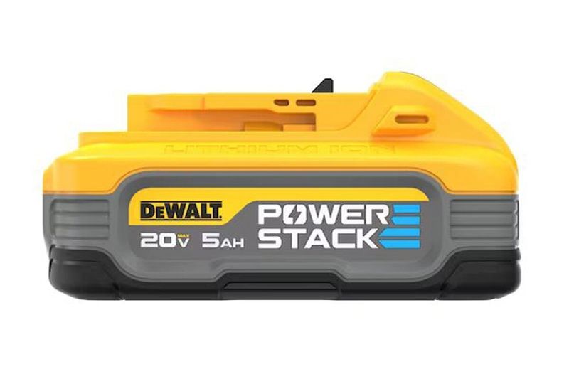 Batería DeWALT de 20 V, 5.0 Ah Powerstack, vista frontal en color amarillo y gris con logotipo de la marca