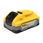 Batería DeWALT de 20 V, 5.0 Ah PowerStack, vista lateral detallada de la carcasa amarilla y gris con texto del modelo