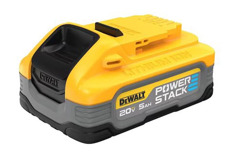 Batería DeWALT de 20 V, 5.0 Ah PowerStack, vista lateral detallada de la carcasa amarilla y gris con texto del modelo