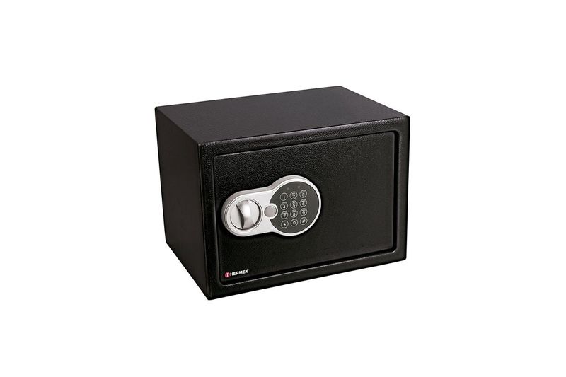 Caja de seguridad electrónica Hermex de 0.7 pies cúbicos digital, vista frontal diagonal en color negro