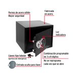 Caja de seguridad electrónica Hermex de 1.00 cu digital, infografía con etiquetas que señalan sus características técnicas