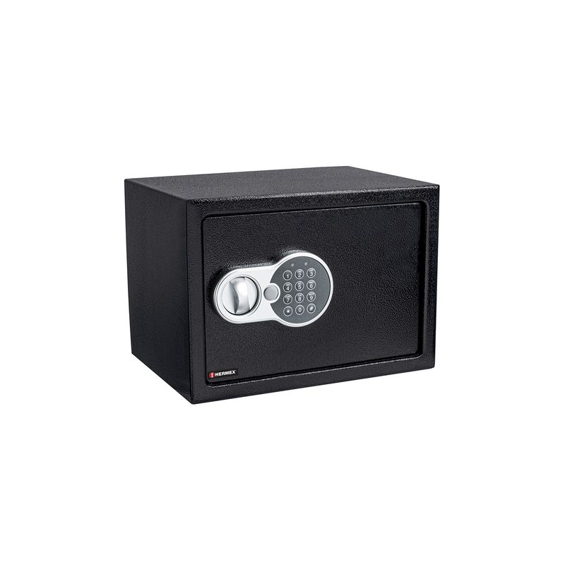 Caja de seguridad electrónica Hermex de 1.00 cu digital, vista frontal en color negro con teclado numérico y perilla