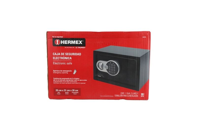 Caja de seguridad electrónica Hermex de 0.7 pies cúbicos digital, vista frontal del empaque rojo con ilustración del equipo