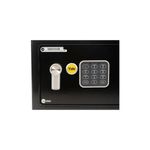 Caja de seguridad Yale de 35 x 25 cm digital, vista frontal de la puerta negra con teclado numérico y perilla plateada