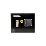 Caja de seguridad Yale de 35 x 25 cm digital, acercamiento al teclado numérico y perilla de apertura sobre fondo negro