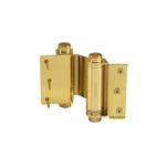 Bisagra doble acción Hermex de 3 pulgadas dorado, vista frontal del herraje con tornillos incluidos