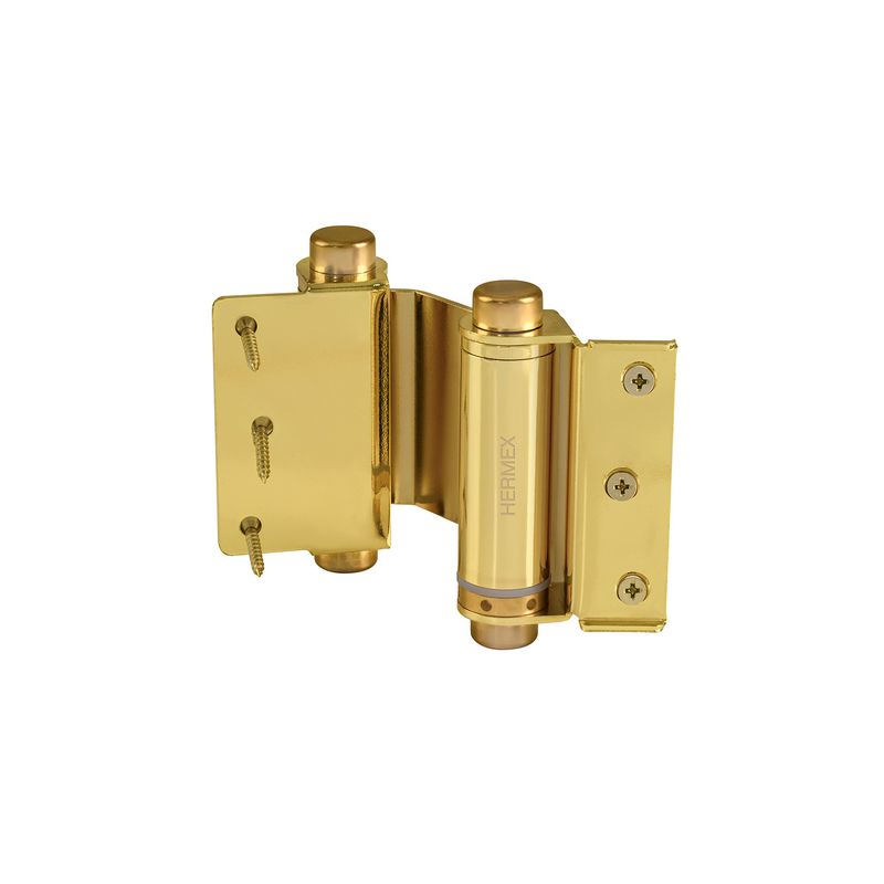 Bisagra doble acción Hermex de 3 pulgadas dorado, vista frontal del herraje con tornillos incluidos