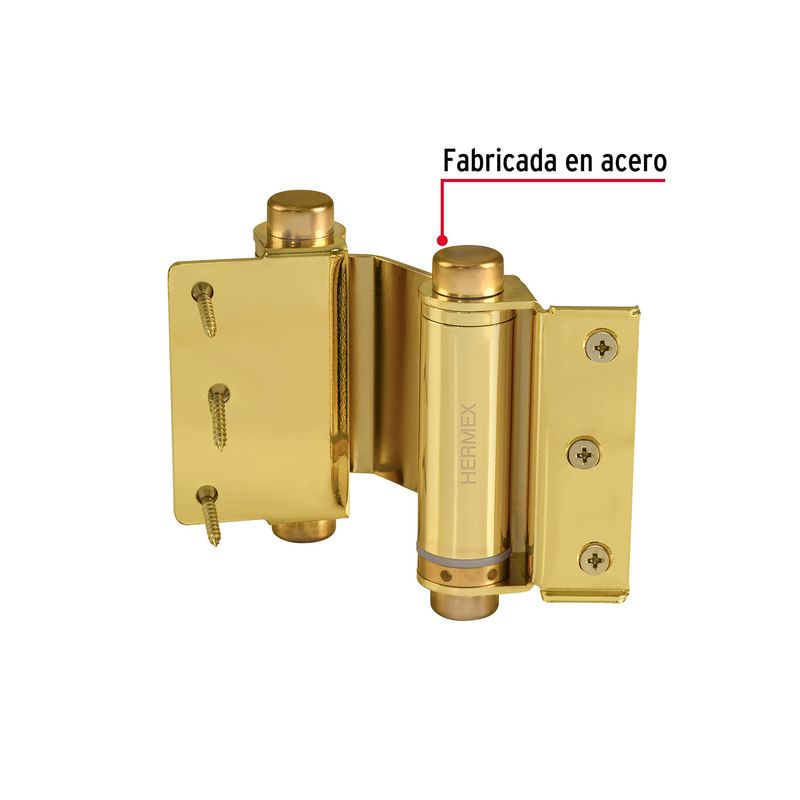 Bisagra doble acción Hermex de 3 pulgadas dorado, vista frontal con texto indicando que es fabricada en acero