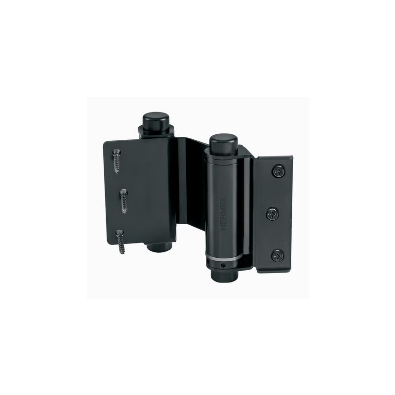 Bisagra doble acción Hermex de 3 pulgadas negro, vista frontal del herraje con tornillos incluidos