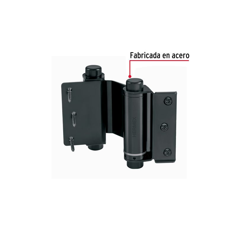 Bisagra doble acción Hermex de 3 pulgadas negro, primer plano con texto que indica que es fabricada en acero