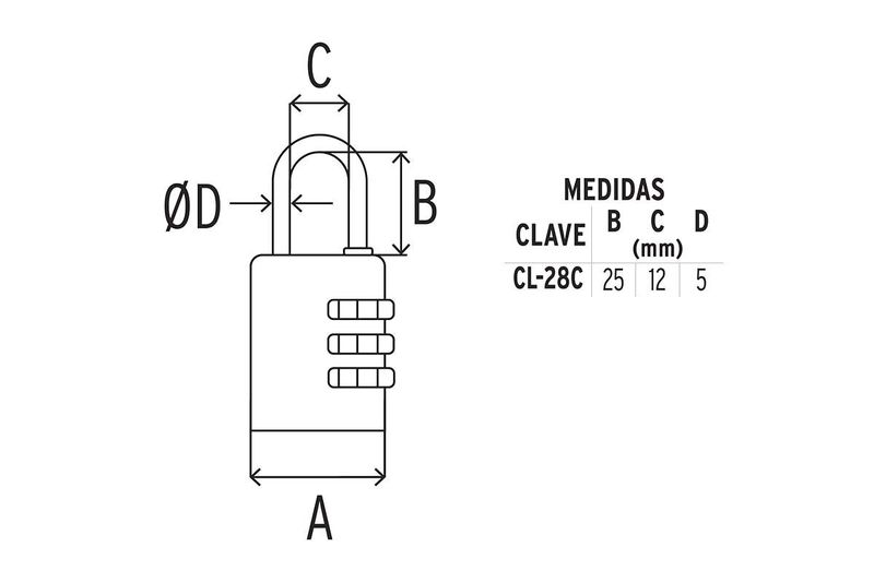 Candado de combinación Hermex de 28 mm y 3 dígitos bronce, esquema técnico con letras y tabla de medidas