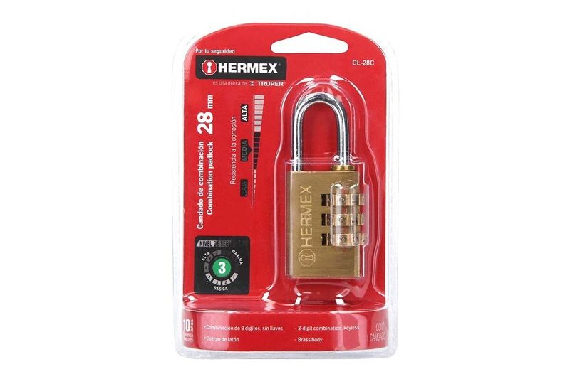 Candado de combinación Hermex de 28 mm y 3 dígitos bronce, en su empaque rojo con detalles técnicos y marca