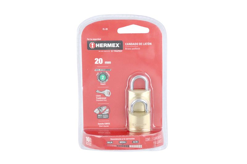 Candado bronce 2 piezas Hermex de 20 mm, dos unidades en su empaque plástico con diseño rojo y blanco