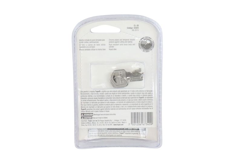 Candado bronce 2 piezas Hermex de 20 mm, parte posterior del empaque con información técnica y garantía