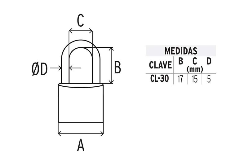 Candado bronce pulido Hermex de 30 mm, gráfico técnico con tabla de medidas y dimensiones detalladas